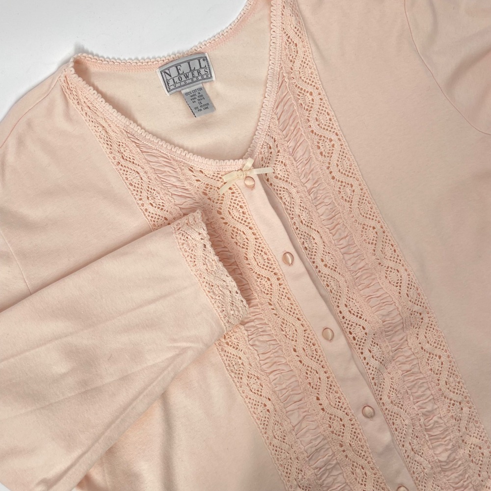 Vintage 90s Peach Lace Button Pajama Top Sleep Shirt Coquette Cottagecore XL